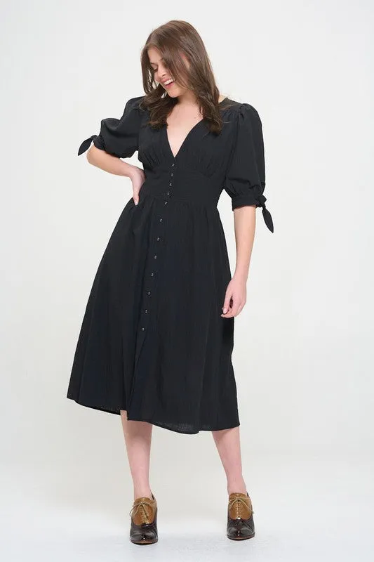 Plus Puff Sleeve V-Neck Button Down Midi Dress