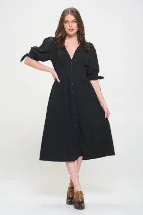 Plus Puff Sleeve V-Neck Button Down Midi Dress