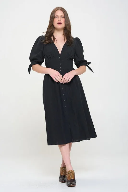 Plus Puff Sleeve V-Neck Button Down Midi Dress