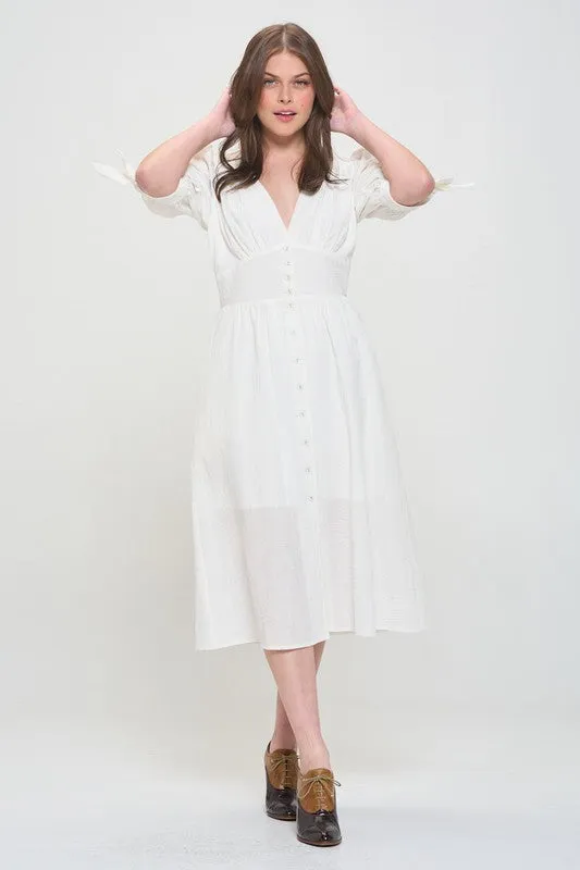 Plus Puff Sleeve V-Neck Button Down Midi Dress