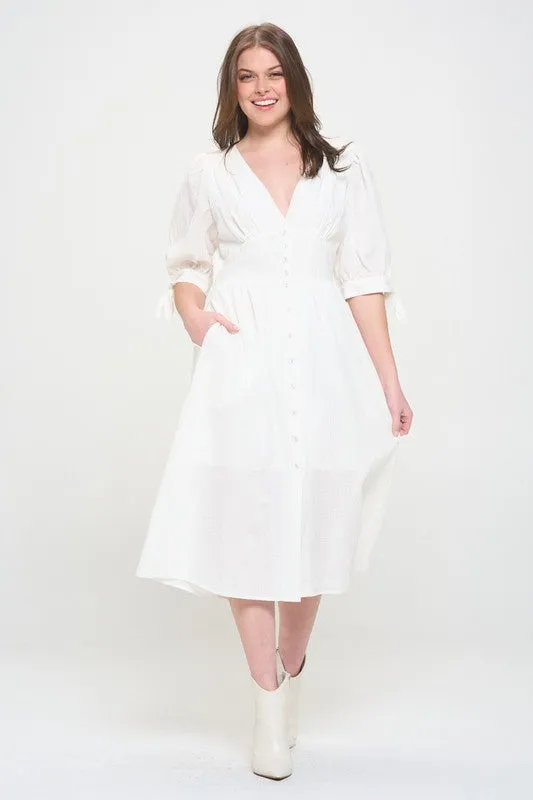 Plus Puff Sleeve V-Neck Button Down Midi Dress