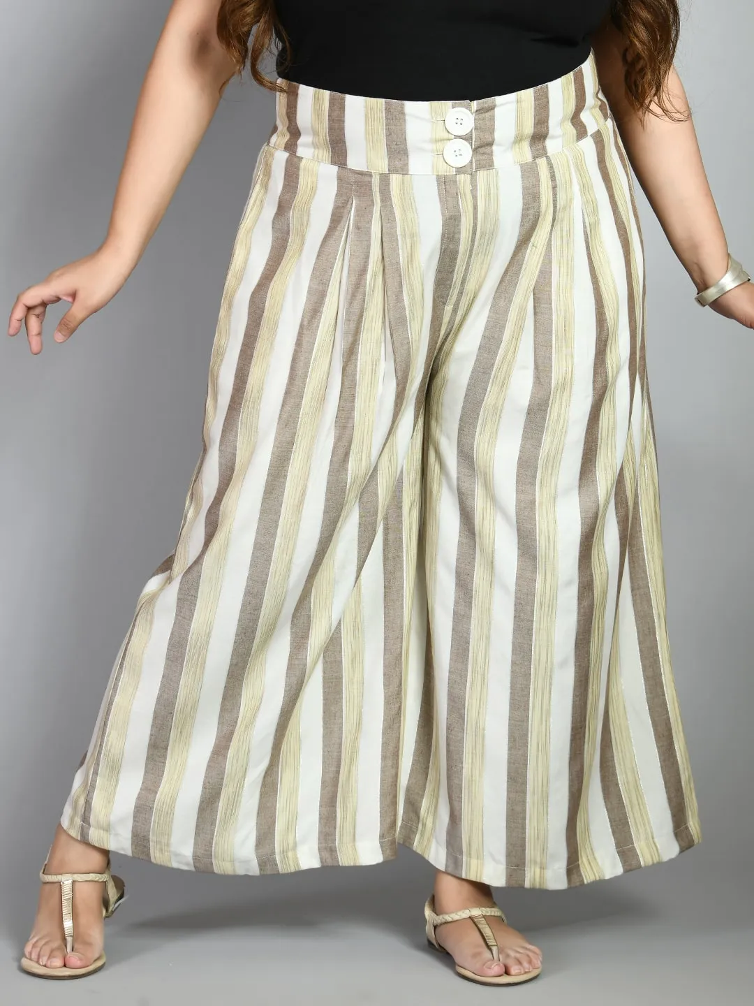 Plus Size Plus Size Striped White & Brown Culottes