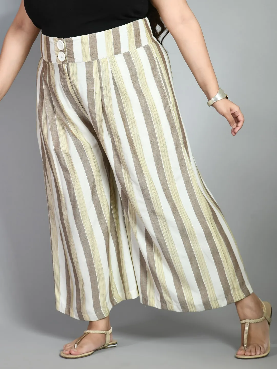 Plus Size Plus Size Striped White & Brown Culottes