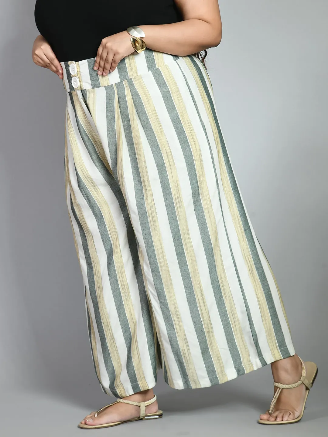 Plus Size Plus Size Striped White & Green Culottes