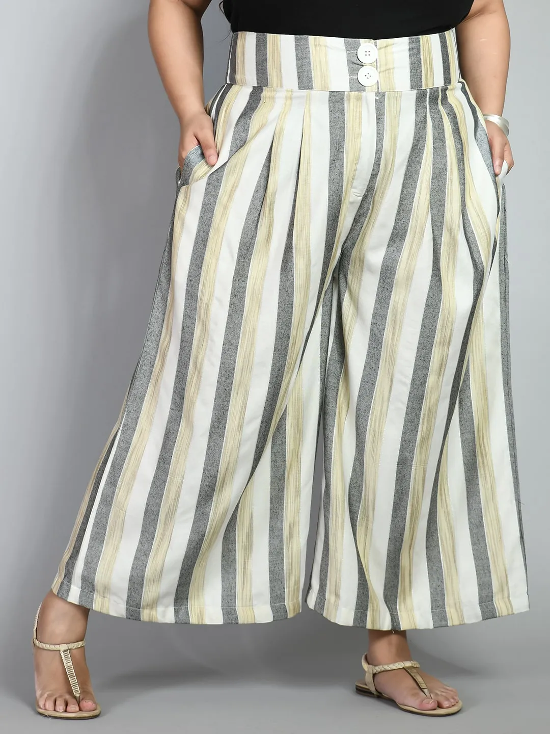 Plus Size Plus Size Striped White & Grey Culottes