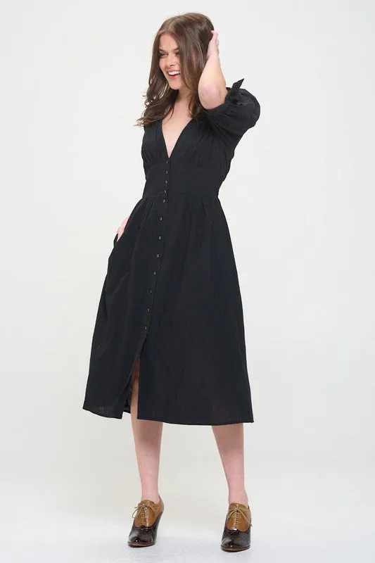 Puff Sleeve Button Down Midi Dress - Black, Off White - Plus Size