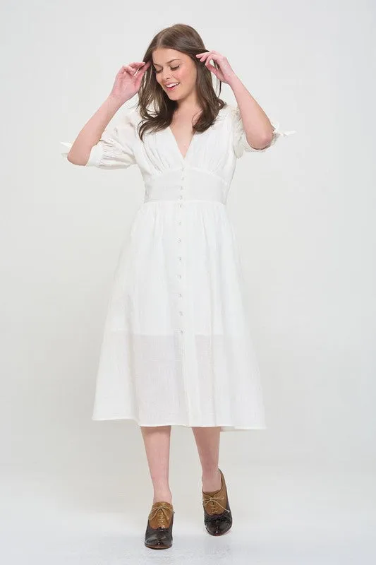 Puff Sleeve Button Down Midi Dress - Black, Off White - Plus Size