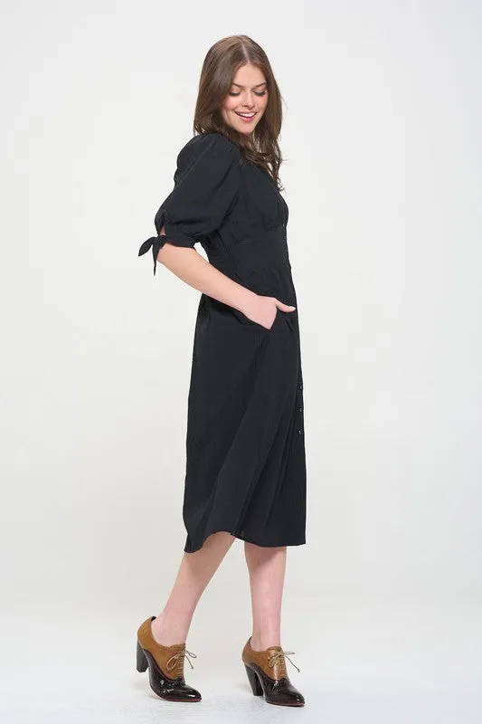 Puff Sleeve Button Down Midi Dress - Black, Off White - Plus Size