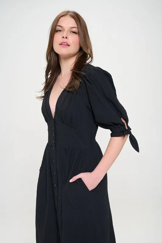 Puff Sleeve Button Down Midi Dress - Black, Off White - Plus Size