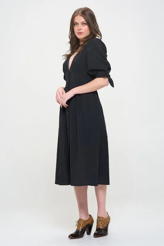 Puff Sleeve Button Down Midi Dress - Black, Off White - Plus Size