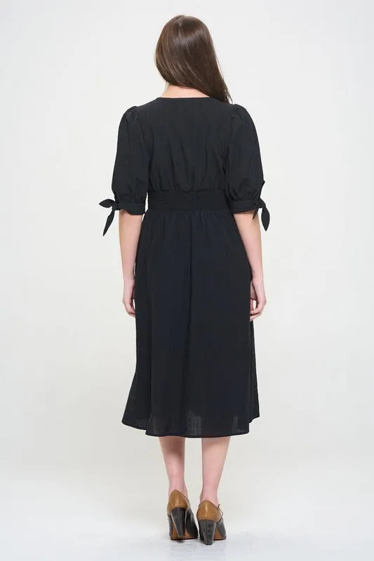 Puff Sleeve Button Down Midi Dress - Black, Off White - Plus Size