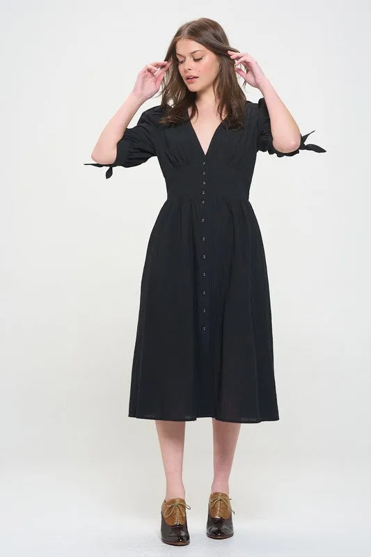 Puff Sleeve Button Down Midi Dress - Black, Off White - Plus Size