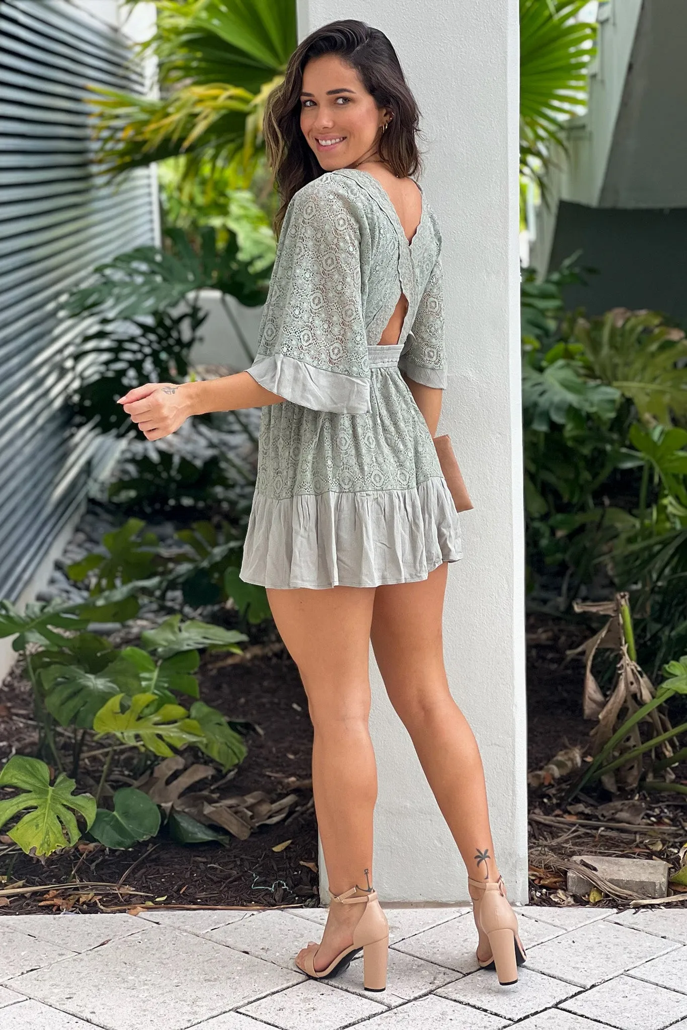 Seagrass Lace Button Down Detail Romper