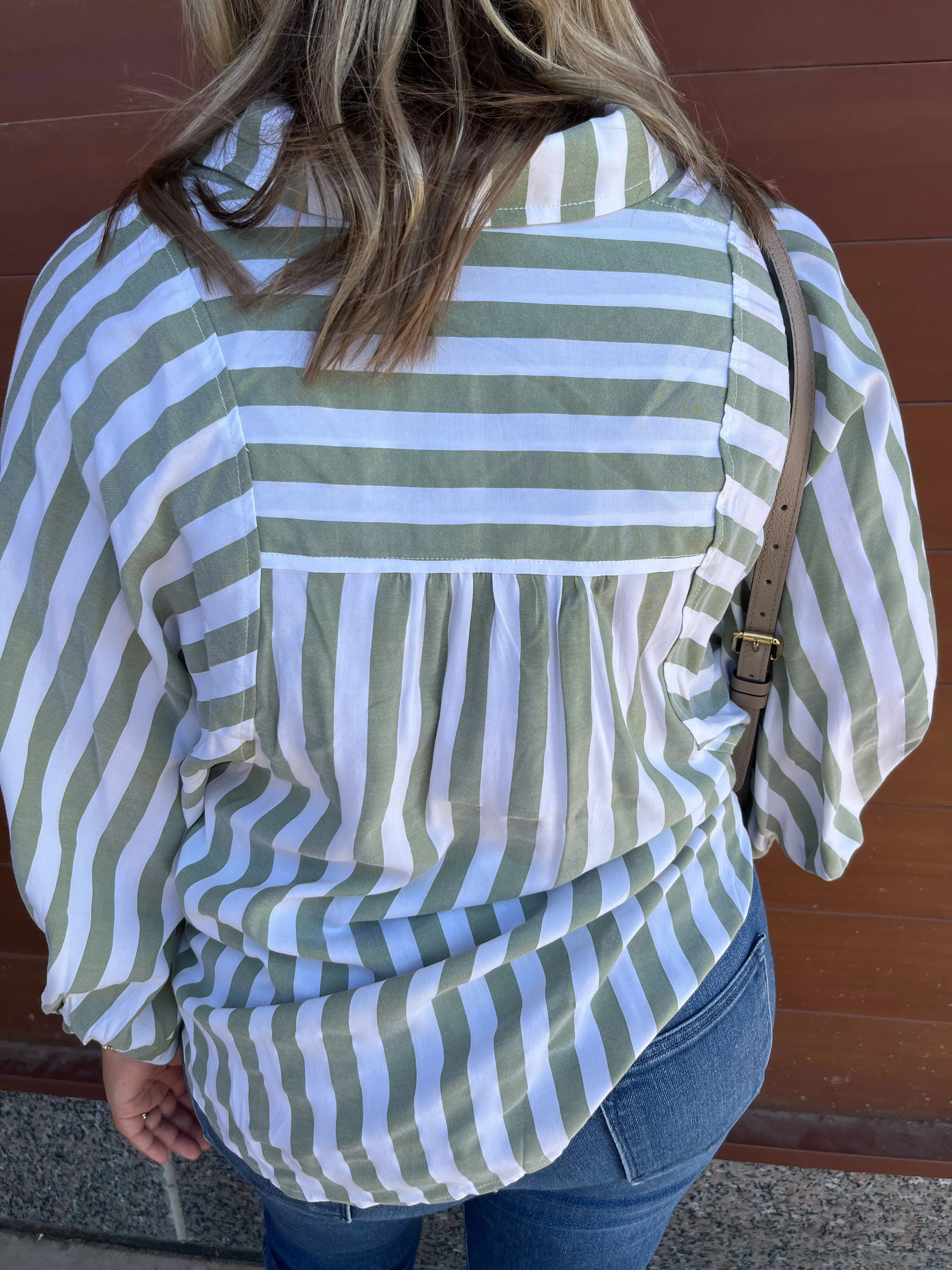 Stripe Long Sleeve Button Down Top - Olive