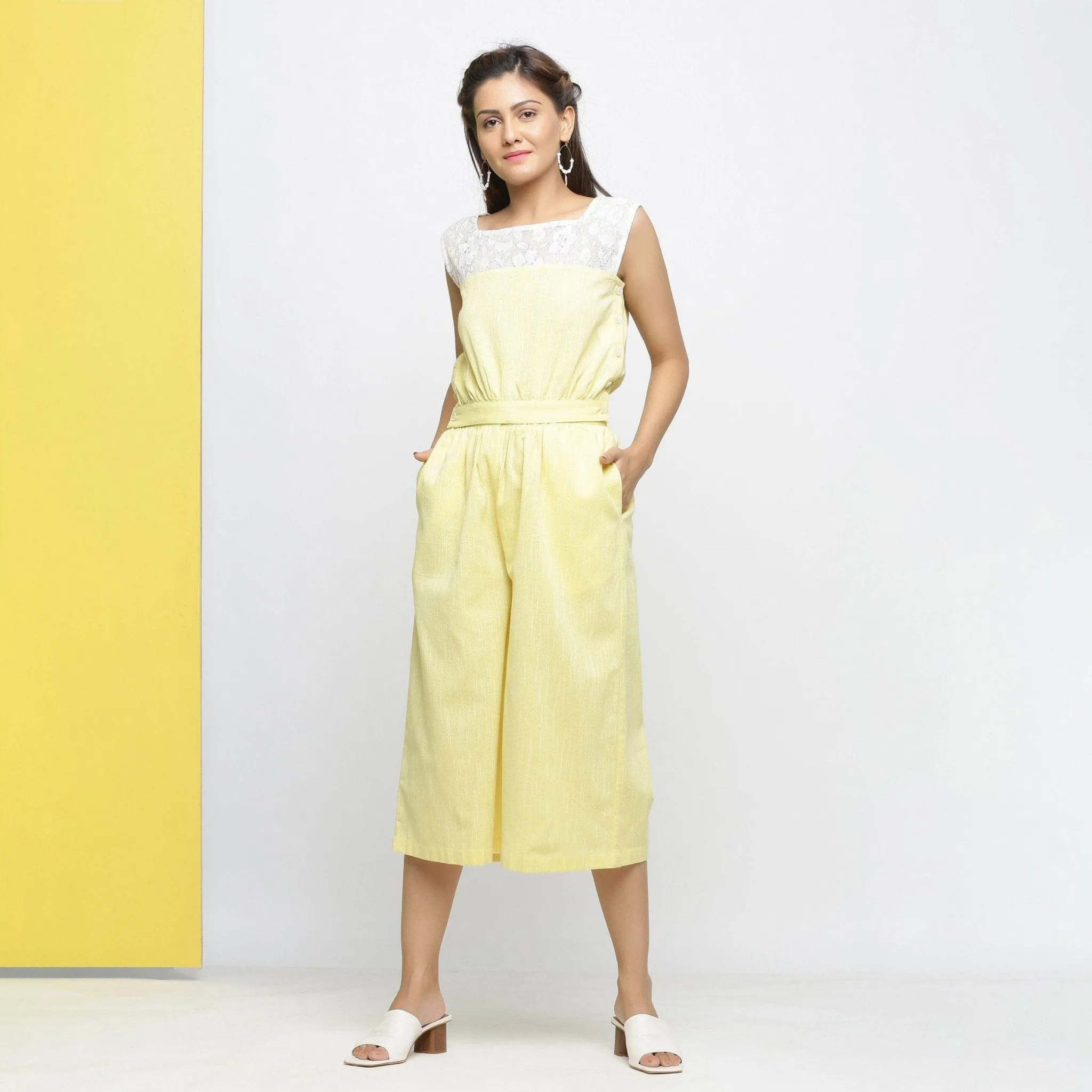 Sunny Yellow Cotton Lace Crop Top and Yellow Flared Culottes Co-ord Set