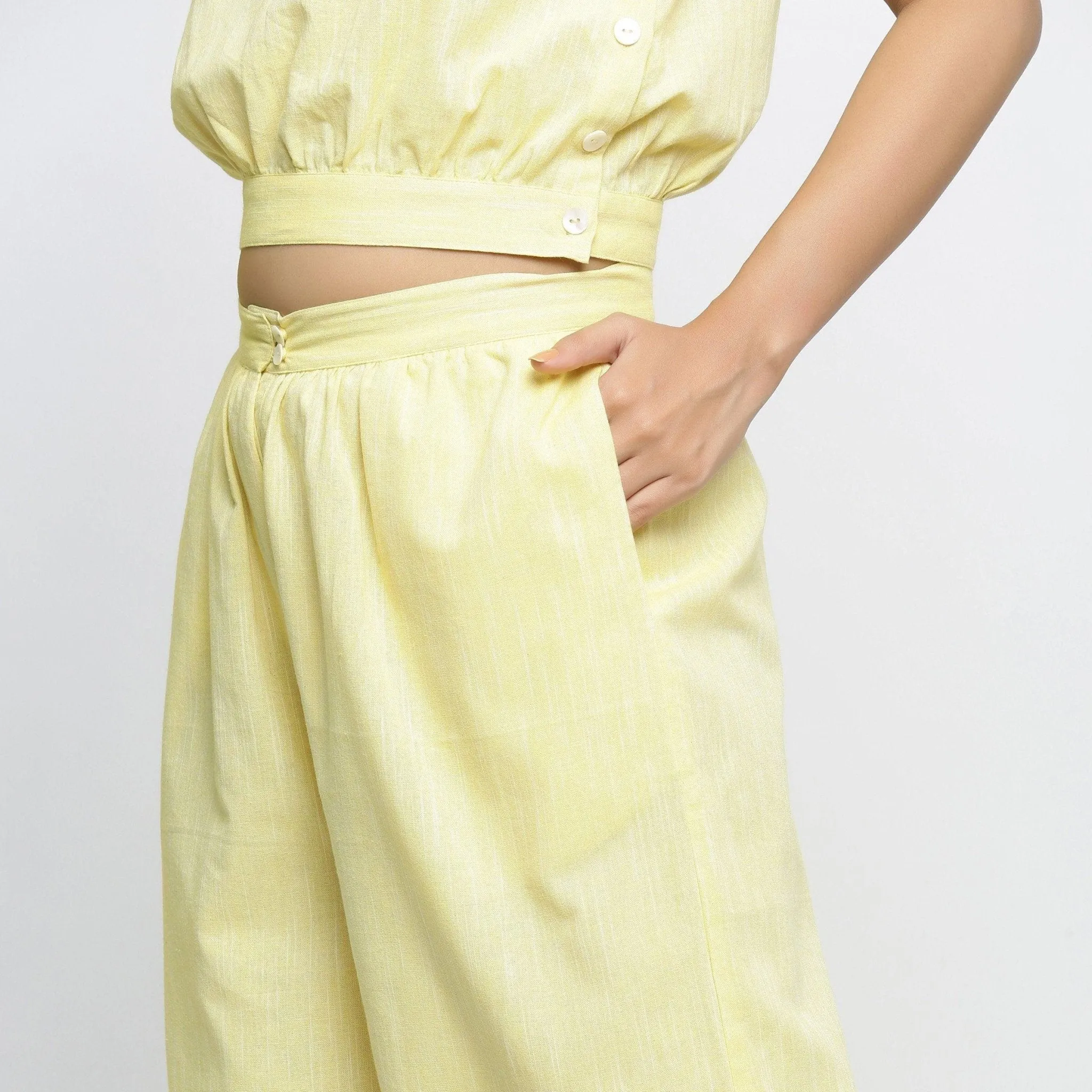 Sunny Yellow Cotton Lace Crop Top and Yellow Flared Culottes Co-ord Set