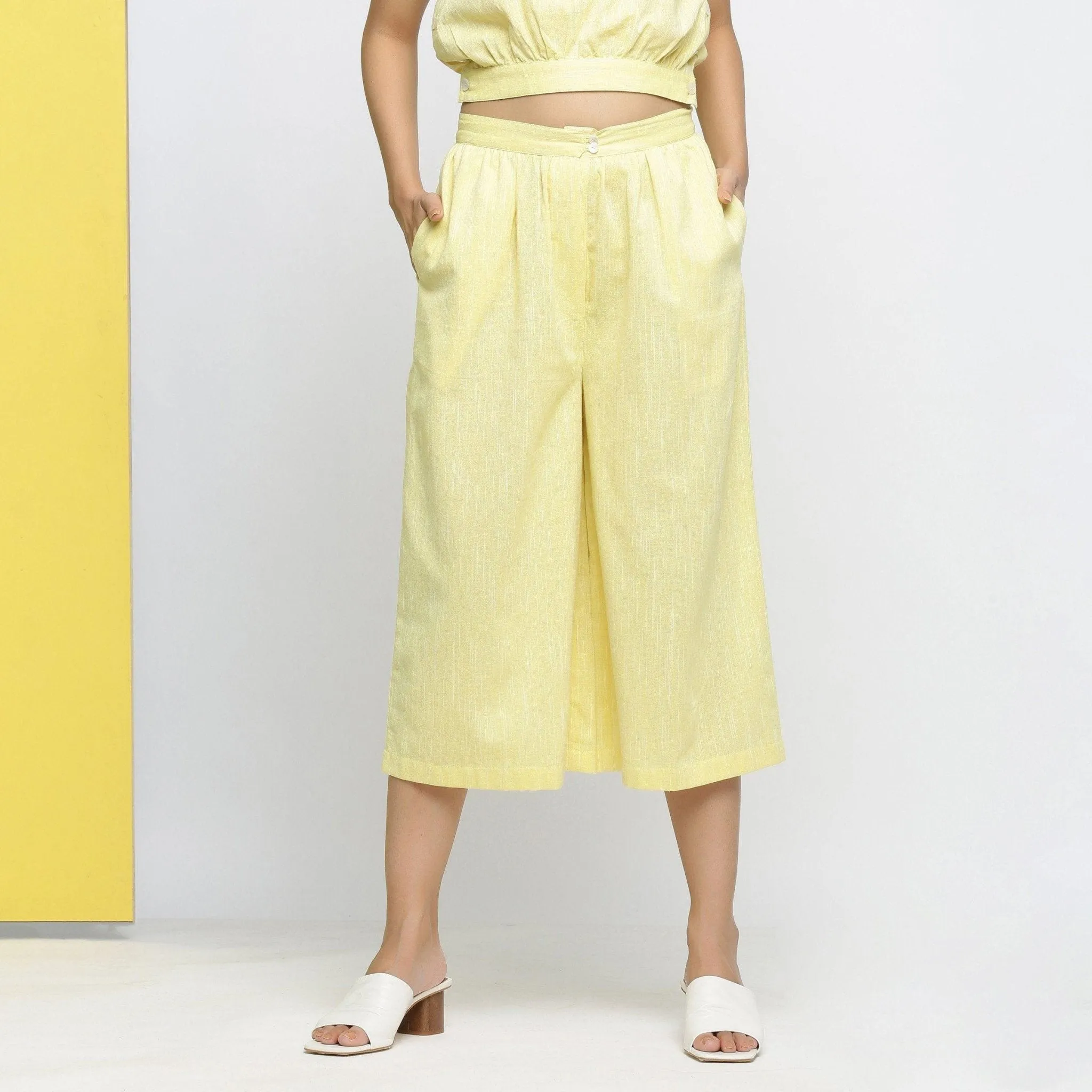 Sunny Yellow Cotton Lace Crop Top and Yellow Flared Culottes Co-ord Set