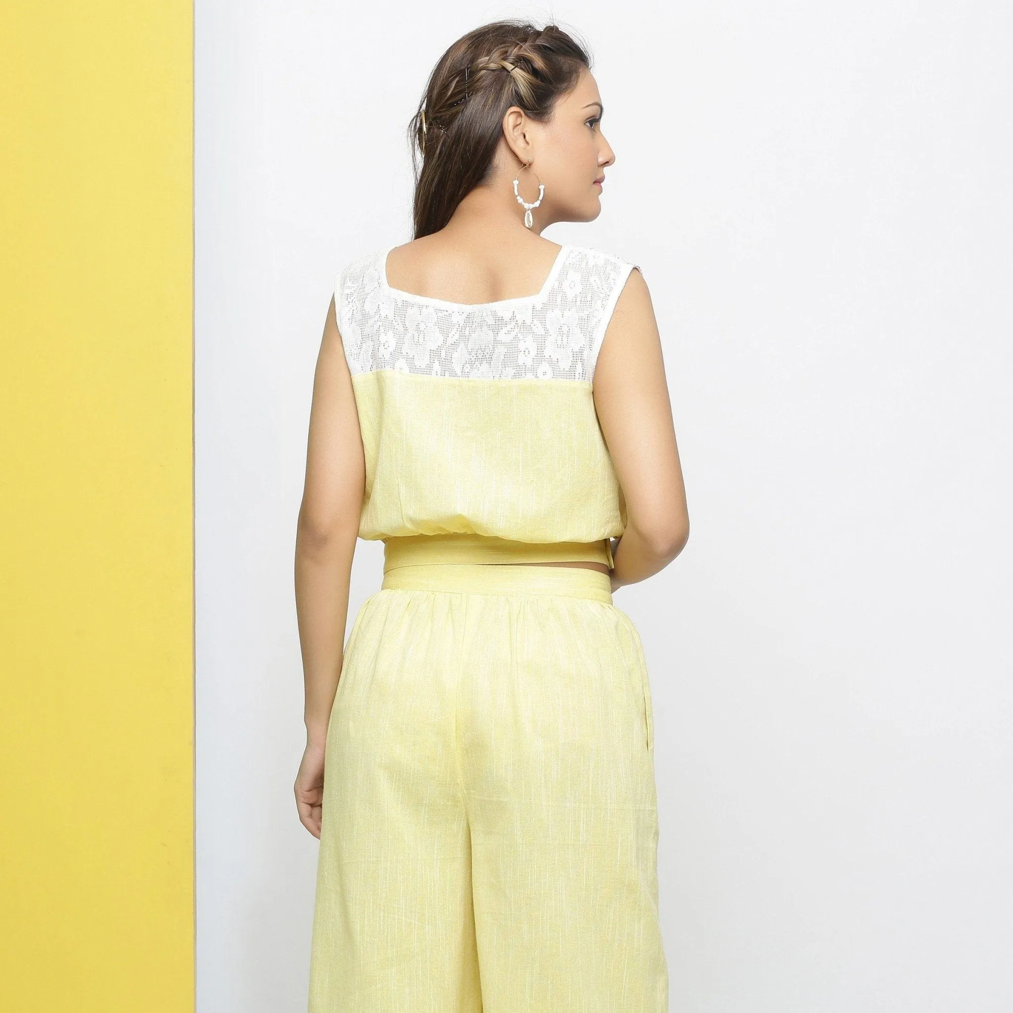 Sunny Yellow Cotton Lace Crop Top and Yellow Flared Culottes Co-ord Set