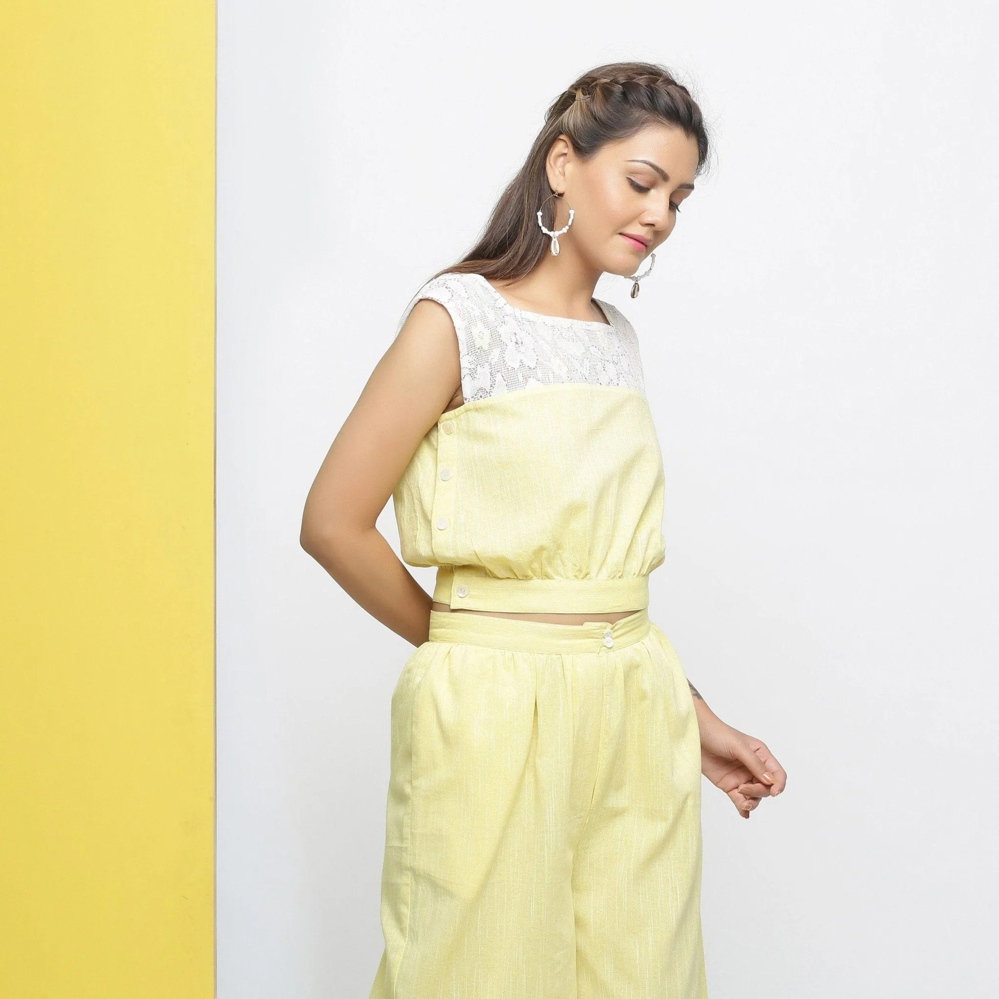 Sunny Yellow Cotton Lace Crop Top and Yellow Flared Culottes Co-ord Set