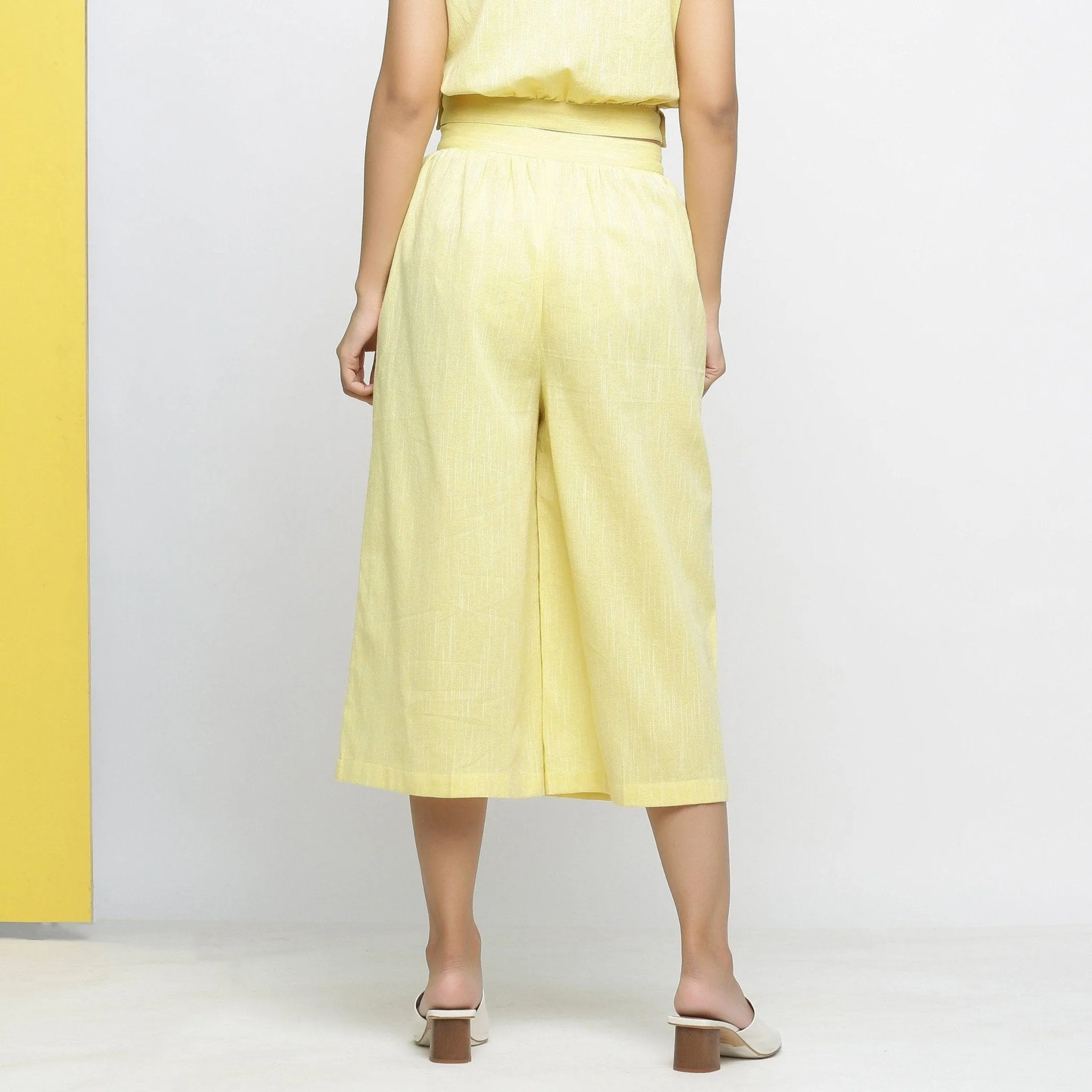 Sunny Yellow Cotton Lace Crop Top and Yellow Flared Culottes Co-ord Set