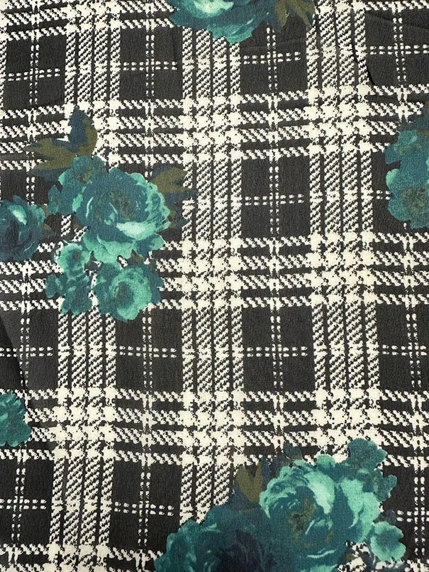 Teal Floral Plaid Print Poly Chiffon Fabric