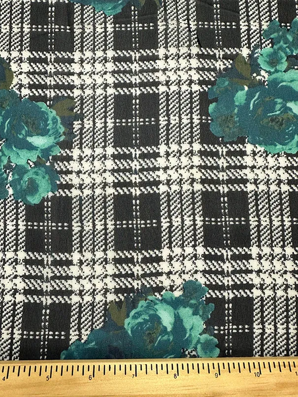 Teal Floral Plaid Print Poly Chiffon Fabric