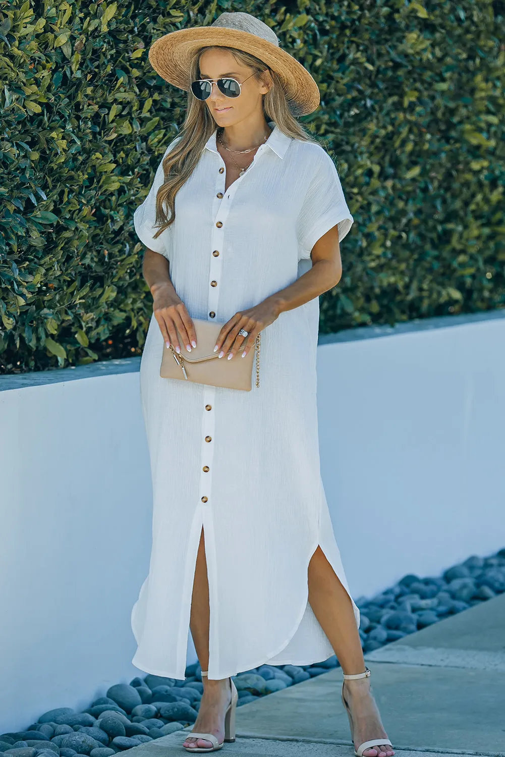 Textured Button Down Slit Shirt Dress