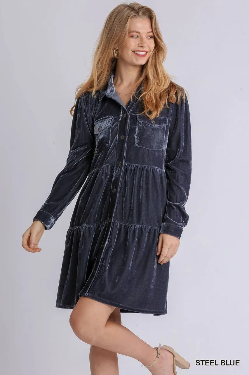 Umgee Velvet Collar Button Down Tiered Dress