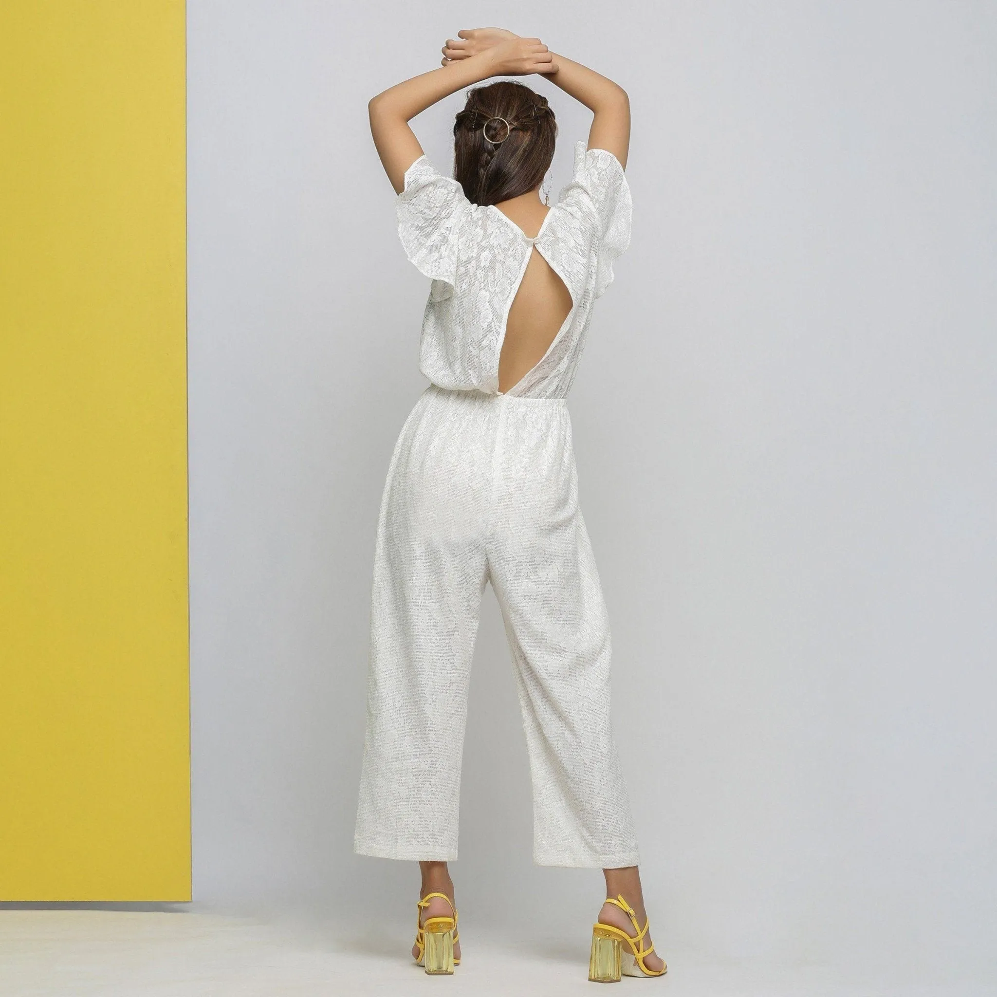 White Cotton Lace Hand-Embroidered Jumpsuit