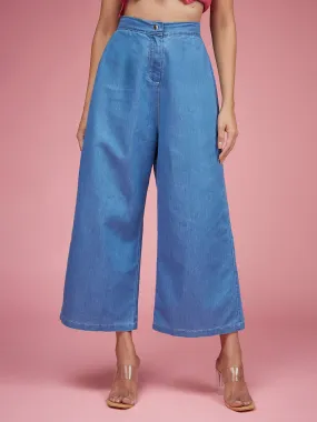 Women's Blue Flared Wide-Leg High Rise Non Stretchable Light Weight Denim Culottes Pants