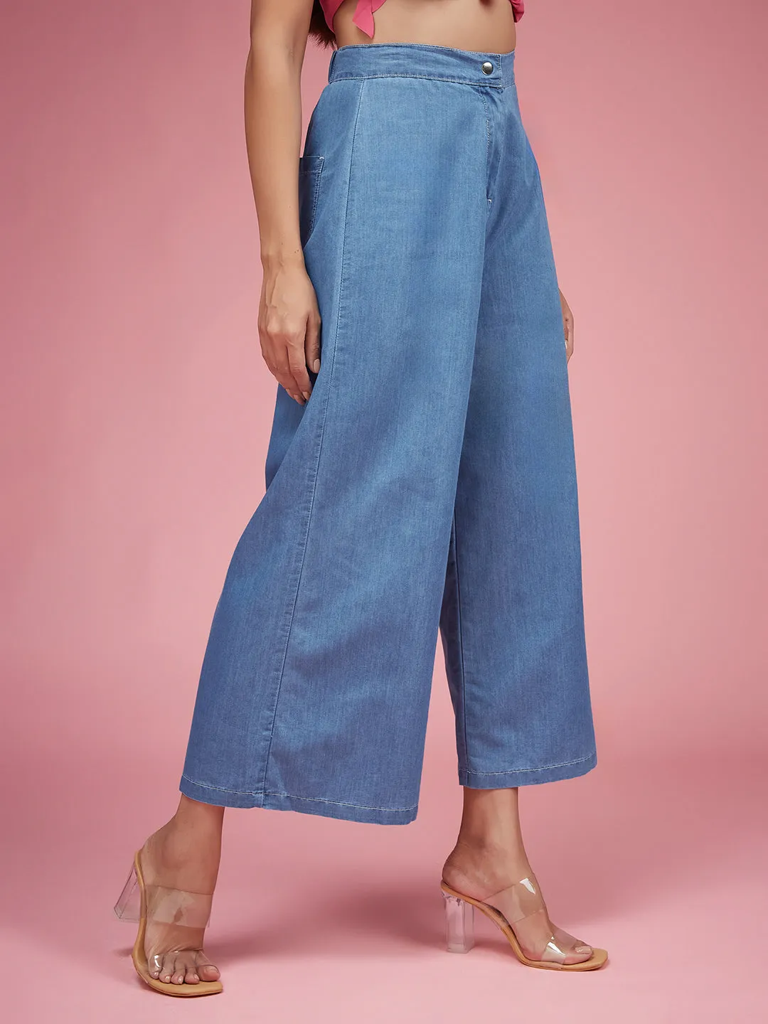 Women's Blue Flared Wide-Leg High Rise Non Stretchable Light Weight Denim Culottes Pants