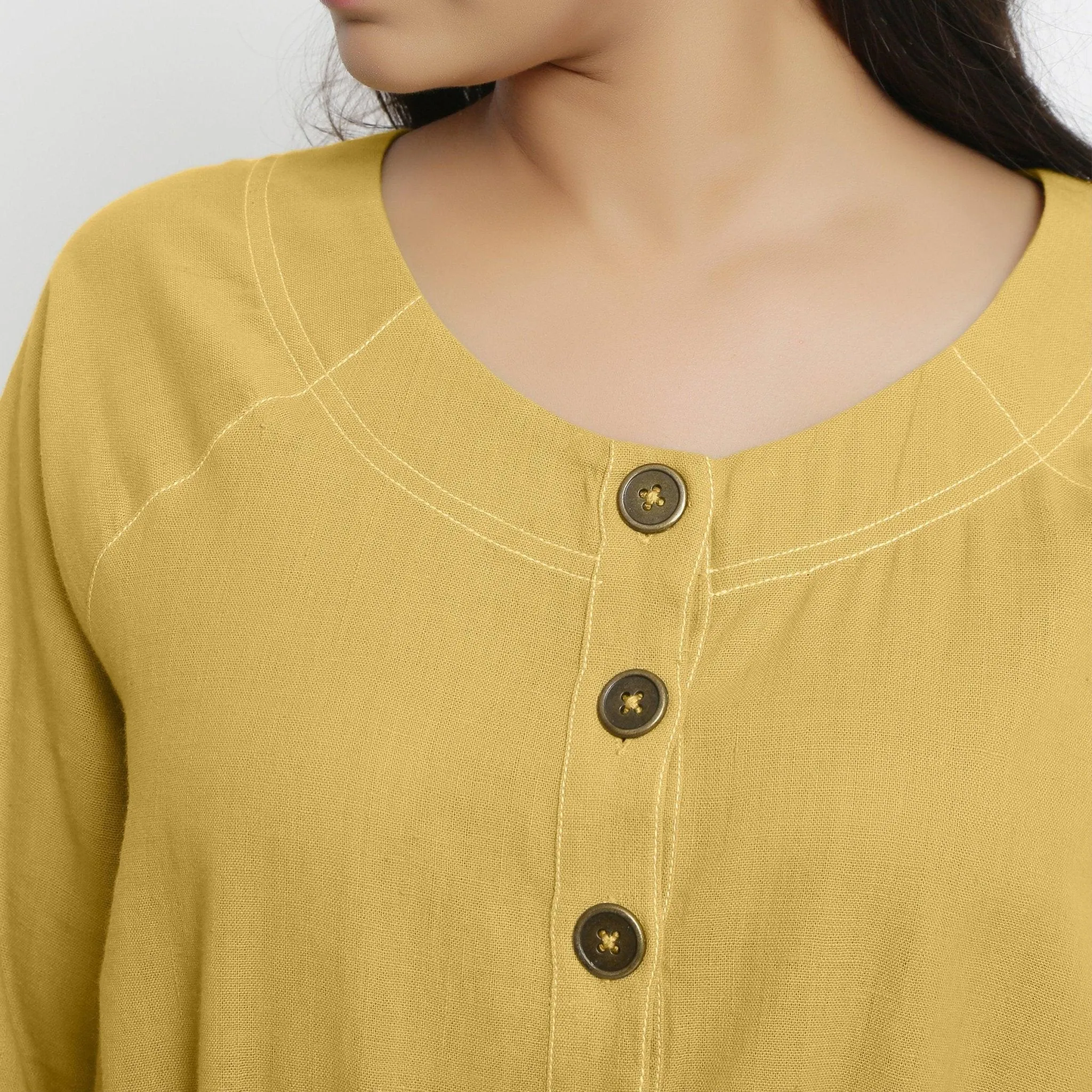 Yellow Cotton Round Neck Button-Down Midi Dress