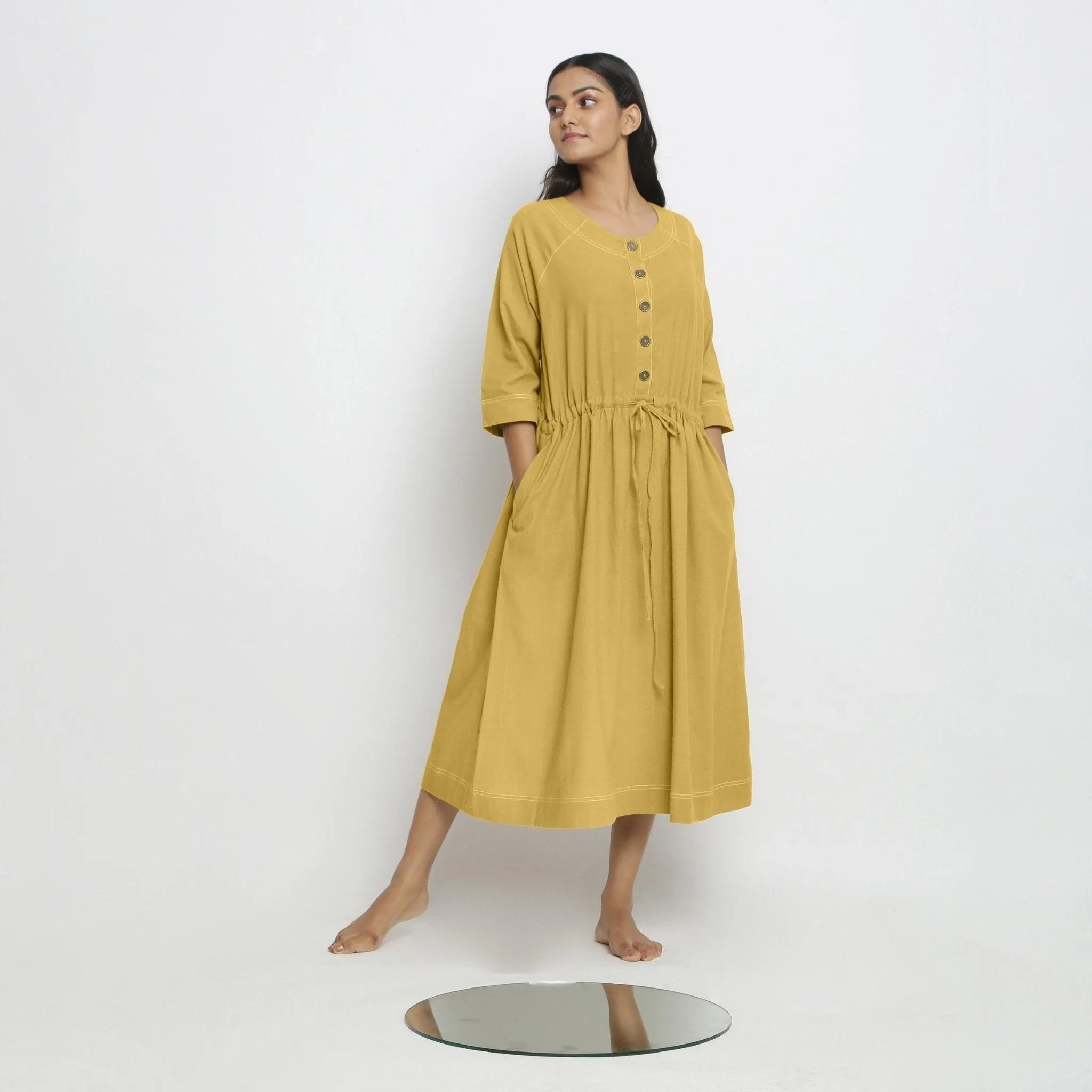 Yellow Cotton Round Neck Button-Down Midi Dress