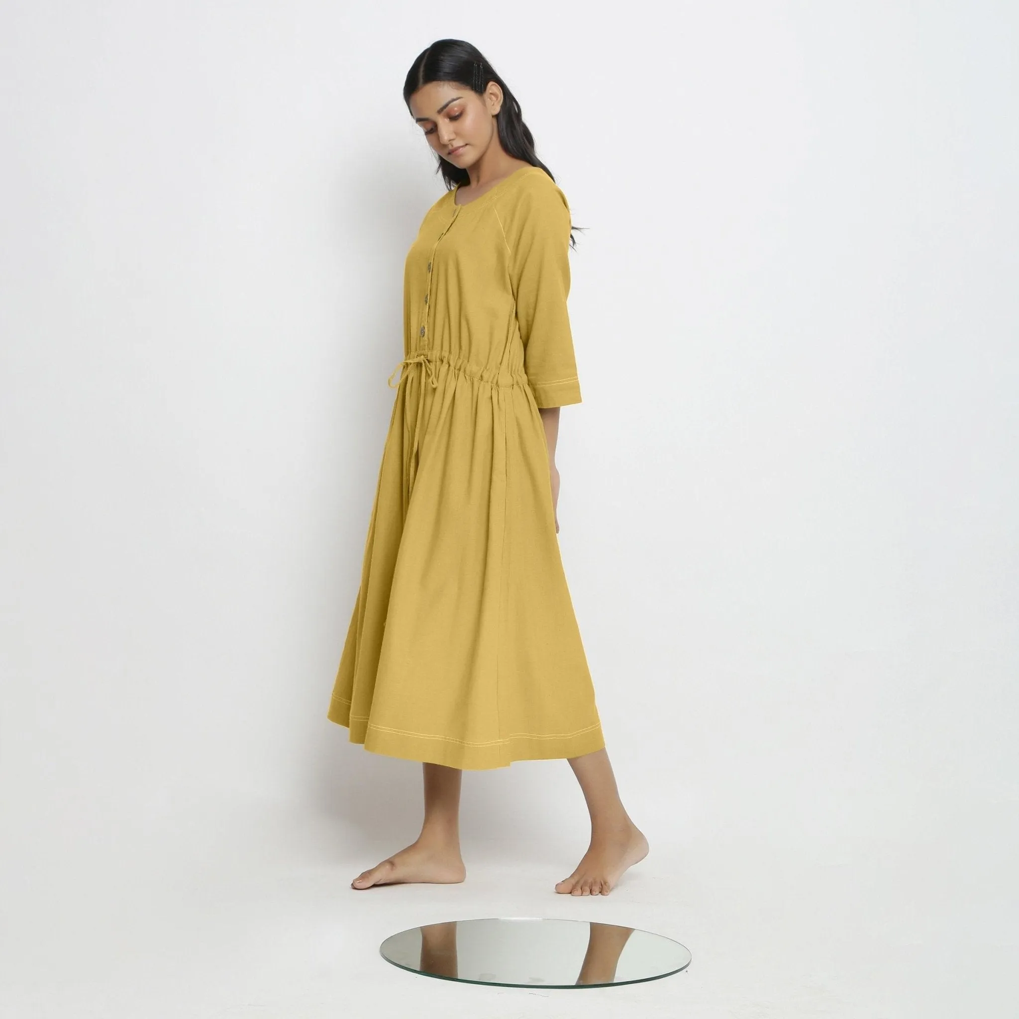 Yellow Cotton Round Neck Button-Down Midi Dress