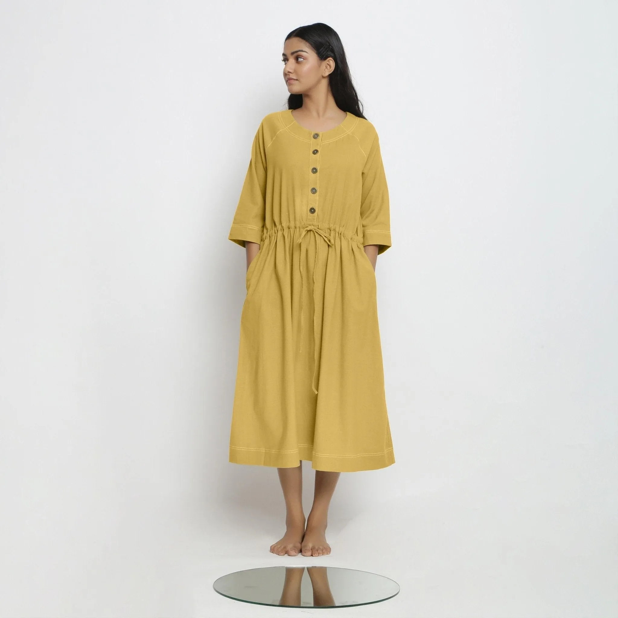 Yellow Cotton Round Neck Button-Down Midi Dress