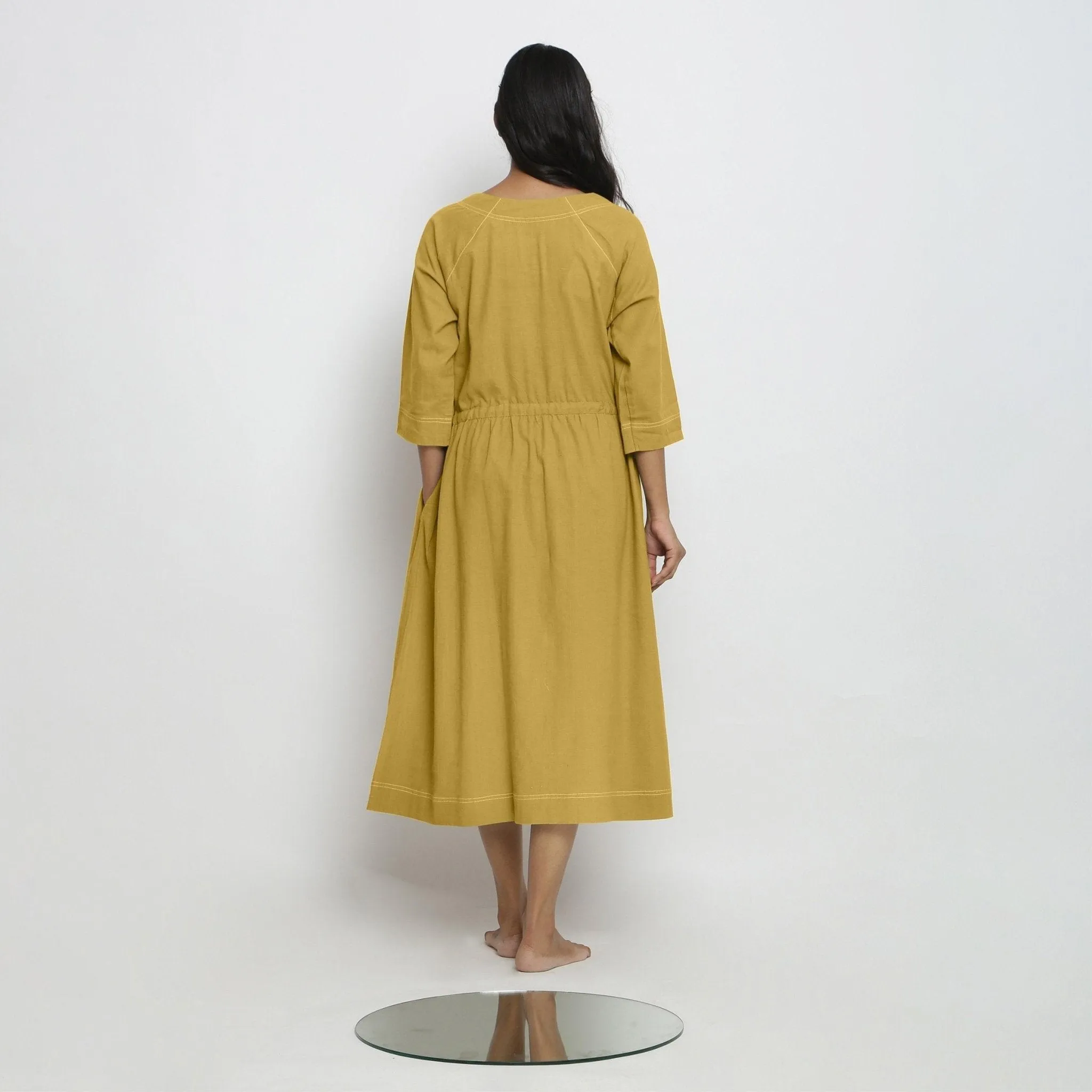 Yellow Cotton Round Neck Button-Down Midi Dress